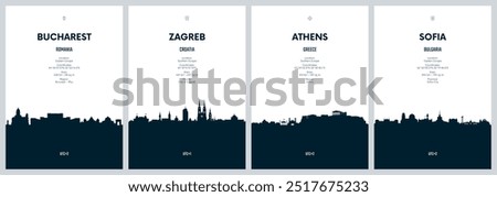 Travel vector set with city skylines Bucharest, Zagreb, Athens, Sofia detailed city skylines minimalistic graphic artwork