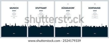 Travel vector set with city skylines Munich, Stuttgart, Dusseldorf, Dortmund detailed city skylines minimalistic graphic artwork
