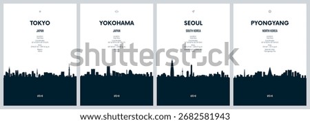 Travel vector set with city skylines Tokyo, Yokohama, Seoul, Pyongyang detailed city skylines minimalistic graphic artwork
