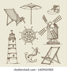 Travel vector set, hand drawn sketch collection isolated on beige background
