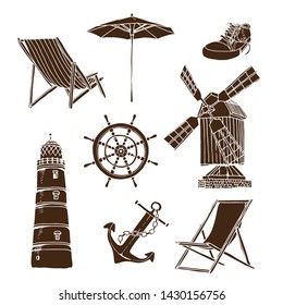 Travel vector set, hand drawn sketch collection isolated on white background