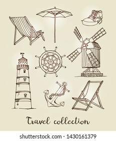 Travel vector set, hand drawn vintage sketch isolated on beige background