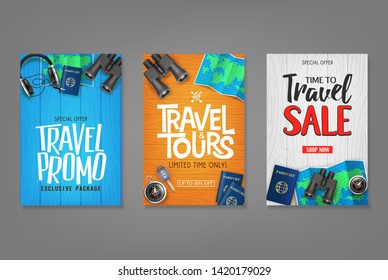 Travel Vector Set Template with Creative Stylish Text Logo and Realistic 3D Traveling Item Elements in Wooden Background Illustration Design. For Promotional Purposes