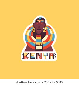 Travel Vector Sticker, Pin, Stamp, Patch. Realistic drawn illustration concept. Trendy style. Adventure, Hiking, Tourism, Explore, Discover. Kenya, a Masai woman in a national costume.