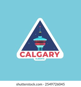 Travel Vector Aufkleber, Pin, Stamp, Patch. Realistisches Illustrationskonzept. Trendy Stil. Abenteuer, Tourismus, Erkunden, Entdecken. Calgary, Alberta, Kanada