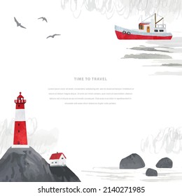 Travel vector template with house, lighthouse, clouds, stone cliffs and place for text. Romantic watercolor Illustration on isolated on white background. All elements are individual objects