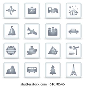 Travel vector web icons, white square buttons