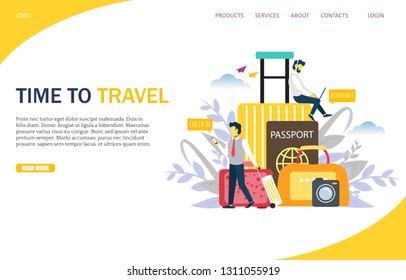 Travel vector website template, web page and landing page design for website and mobile site development. Time to travel, business air trip concept.