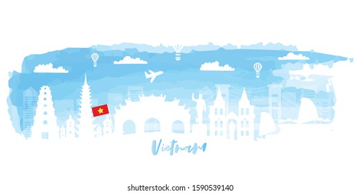 Travel Veitnam postcard, poster, tour advertising of world famous landmarks in paper cut style. Vectors illustrations