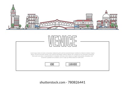 Travel Venice vector composition with famous architectural landmarks in linear style. Worldwide traveling and time to travel concept. Venetian national attractions on white background, italian tourism