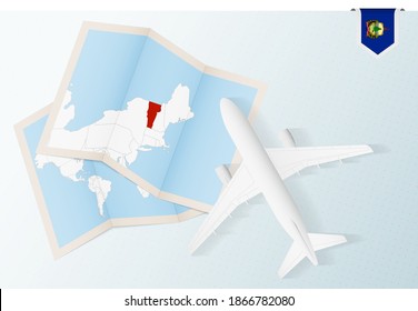 Travel to Vermont, top view airplane with map and flag of Vermont. Travel and tourism banner design.