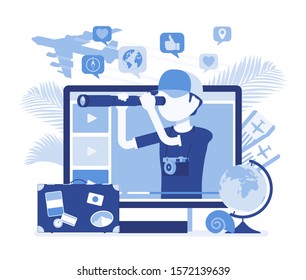 Travel video blogger boy. Man writing about beautiful destinations, traveling, leisure, content creator photographer sharing tips, ideas for social media. Vector illustration with faceless character