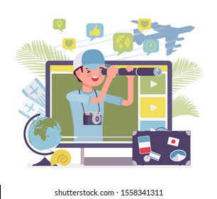 Travel video blogger boy. Young man writing about beautiful destinations, traveling, leisure, content creator photographer sharing tips, ideas and inspiration for social media. Vector illustration