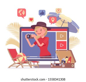 Travel video blogger girl. Young woman writing about beautiful destinations, traveling, leisure, content creator photographer sharing tips, ideas and inspiration for social media. Vector illustration