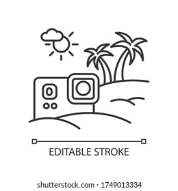 Icono lineal perfecto del píxel de vídeo de viaje. Foto del blog Lifestyle. Complejo tropical. Vacaciones exóticas. Ilustración personalizable de línea delgada. Símbolo de contorno. Dibujo de contorno aislado del vector. Trazo editable