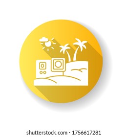 Travel video yellow flat design long shadow glyph icon. Lifestyle blog photo. Tropical sea resort. Exotic vacation. Recreation and entertainment vlog content. Silhouette RGB color illustration