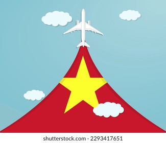 Travel to Vietnam by flight, destination concept, vacation in Vietnam, plane vector design, paper cut effect with blue sky and airplane, summer trip idea, country tourism banner