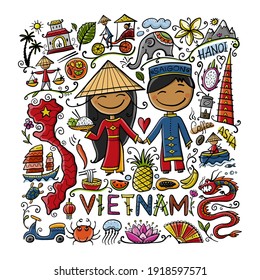 Travel to Vietnam. Frame with traditional Vietnamese cultural symbols. Vietnamese landmarks and lifestyle of people. Vector illustration