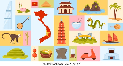 Travel to Vietnam, geometric banner design with Vietnamese culture, landmarks and food. Map with country flag and traditional food, architecture and nature of Vietnam cartoon vector illustration