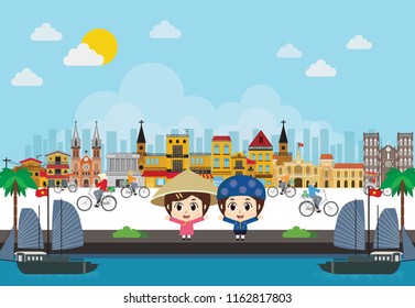 Travel to Vietnam. kids vietnamese in traditional costume. vector illustration