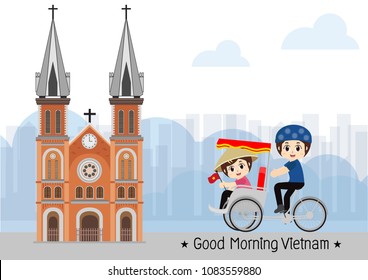 travel to Vietnam and Notre Dame Cathedral in Ho Chi Minh, Vietnam. vector