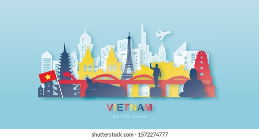 Travel Vietnam  postcard, poster, tour advertising of world famous landmarks in paper cut style. Vectors illustrations