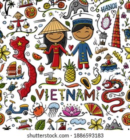 Travel to Vietnam. Seamless pattern with traditional Vietnamese cultural symbols. Vietnamese landmarks and lifestyle of people. Vector illustration