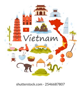 Travel to Vietnam set, culture elements and landmarks, food in round infographic banner. Map and flag of country, Ho Chi Minh Mausoleum, Pho Noodle soup, Saigon Cathedral cartoon vector illustration