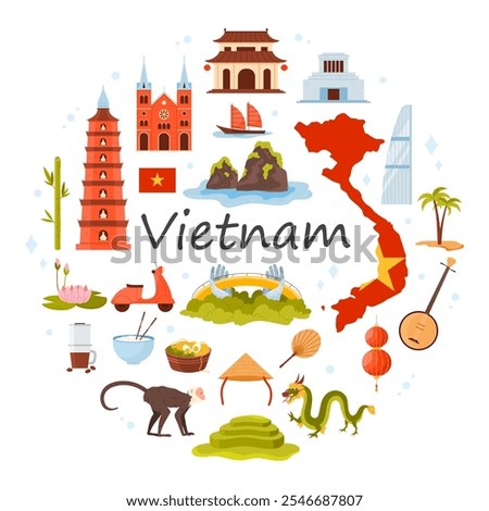 Travel to Vietnam set, culture elements and landmarks, food in round infographic banner. Map and flag of country, Ho Chi Minh Mausoleum, Pho Noodle soup, Saigon Cathedral cartoon vector illustration