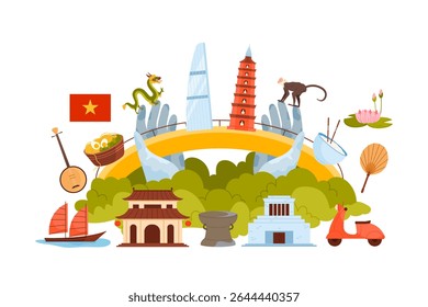 Travel to Vietnam set, elements of culture and religious temple, traditional Pho noodle soup and Golden Bridge in infographic collage banner. Vietnamese flag and dragon cartoon vector illustration