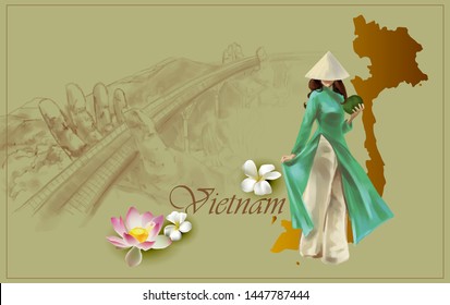 Travel To Vietnam Set. Invitation Card With Girl And Sights