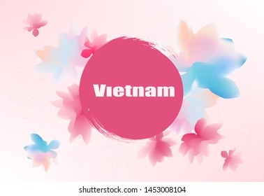 travel to Vietnam set. Invitation card with flowers and letters