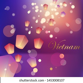 travel to Vietnam set. Invitation card with traditional paper lanterns