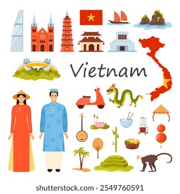 Viajar para o Vietnã com o título. Vietnamitas em trajes tradicionais, pagode e igreja, Golden Bridge e Ho Chi Minh Mausoléu marcos, scooter e macaco desenhos animados vetor ilustração