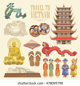 Travel to Vietnam. Set of traditional Vietnamese cultural symbols. Vietnamese landmarks and lifestyle of Vietnamese people