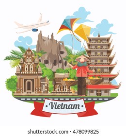 Travel to Vietnam. Set of traditional Vietnamese cultural symbols. Vietnamese landmarks and lifestyle of Vietnamese people