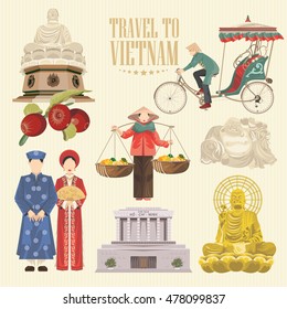 Travel to Vietnam. Set of traditional Vietnamese cultural symbols. Vietnamese landmarks and lifestyle of Vietnamese people