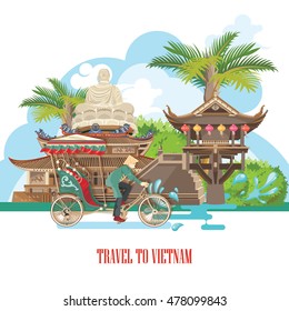 Travel to Vietnam. Set of traditional Vietnamese cultural symbols. Vietnamese landmarks and lifestyle of Vietnamese people