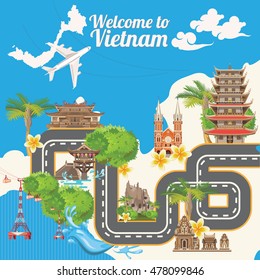 Travel to Vietnam. Set of traditional Vietnamese cultural symbols. Vietnamese landmarks and lifestyle of Vietnamese people