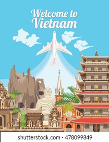 Travel to Vietnam. Set of traditional Vietnamese cultural symbols. Vietnamese landmarks and lifestyle of Vietnamese people