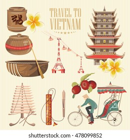 Travel to Vietnam. Set of traditional Vietnamese cultural symbols. Vietnamese landmarks and lifestyle of Vietnamese people