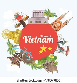 Travel to Vietnam. Set of traditional Vietnamese cultural symbols. Vietnamese landmarks and lifestyle of Vietnamese people