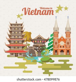 Travel to Vietnam. Set of traditional Vietnamese cultural symbols. Vietnamese landmarks and lifestyle of Vietnamese people