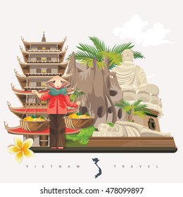 Travel to Vietnam. Set of traditional Vietnamese cultural symbols. Vietnamese landmarks and lifestyle of Vietnamese people