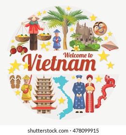 Travel to Vietnam. Set of traditional Vietnamese cultural symbols. Vietnamese landmarks and lifestyle of Vietnamese people