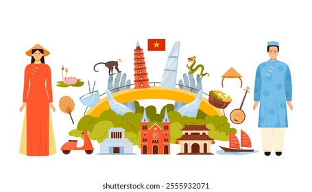 Travel to Vietnam, Vietnamese people in national costume and hat, food and culture elements in infographic collage banner. Golden Bridge, Mausoleum and Temples for tourists cartoon vector illustration