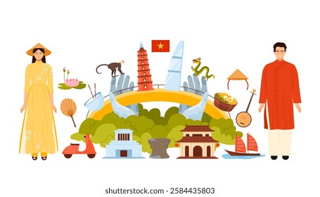 Travel to Vietnam, Vietnamese people in national costume and hat, food and culture elements in infographic collage banner. Golden Bridge, Mausoleum and Temples for tourists cartoon vector illustration