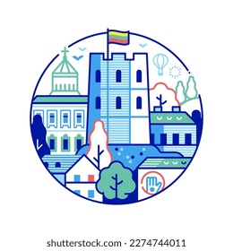 Travel Vilnius icon inspired by Gediminas castle tower building. Thin line Lithuania capital tourist landmark circle emblem with historic Old town skyline view.