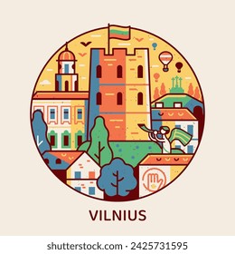 Travel Vilnius icon inspired by Gediminas castle tower and cathedral buildings. Thin line Lithuania capital tourist landmark circle emblem with historic Old town skyline view.