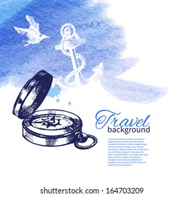Travel vintage background. Sea nautical design. Hand drawn sketch and watercolor illustrations